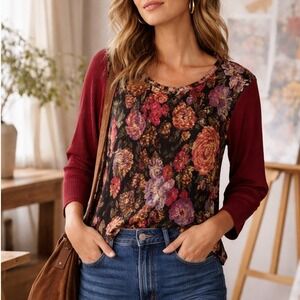 Plisse‎ Vintage Cottage Floral Maroon Pleated Victorian Blouse Top Size M/L ?